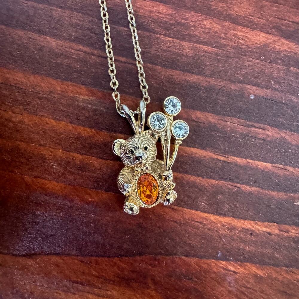 DM99 Gold Tone Teddy Bear Balloon Pendant Necklace Rhinestone Orange Clear 16"